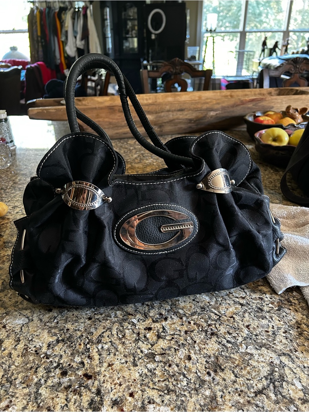 Y2K GUESS Signature G-Monogram Black Jacquard Satchel Bag with Silver Hardware